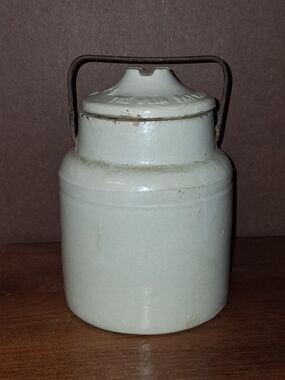 Antique THE WEIR  Stoneware Milk Canister - Cream Ceramic with Metal Handle